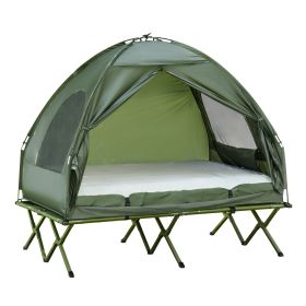 Outsunny 2-Person Foldable Camping Cot, Portable Outdoor w/ Bedspread & Thick Air Mattress, 4-In-1 Elevated Camping Bed Tent for Hiking, Picnic,